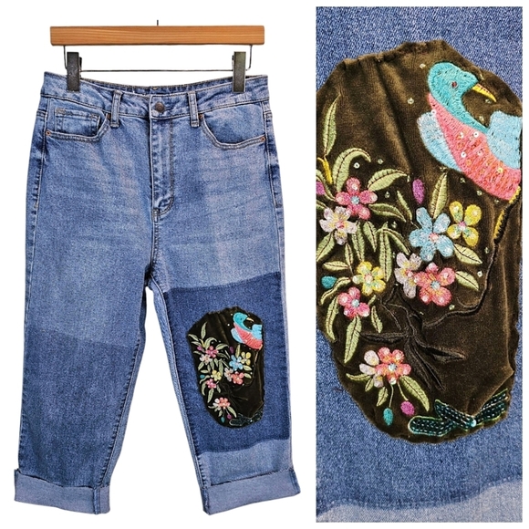 Hippie Denim Boho Embroidered Patchwork Slim Straight Jeans 31 Cropped Unique - Picture 2 of 13